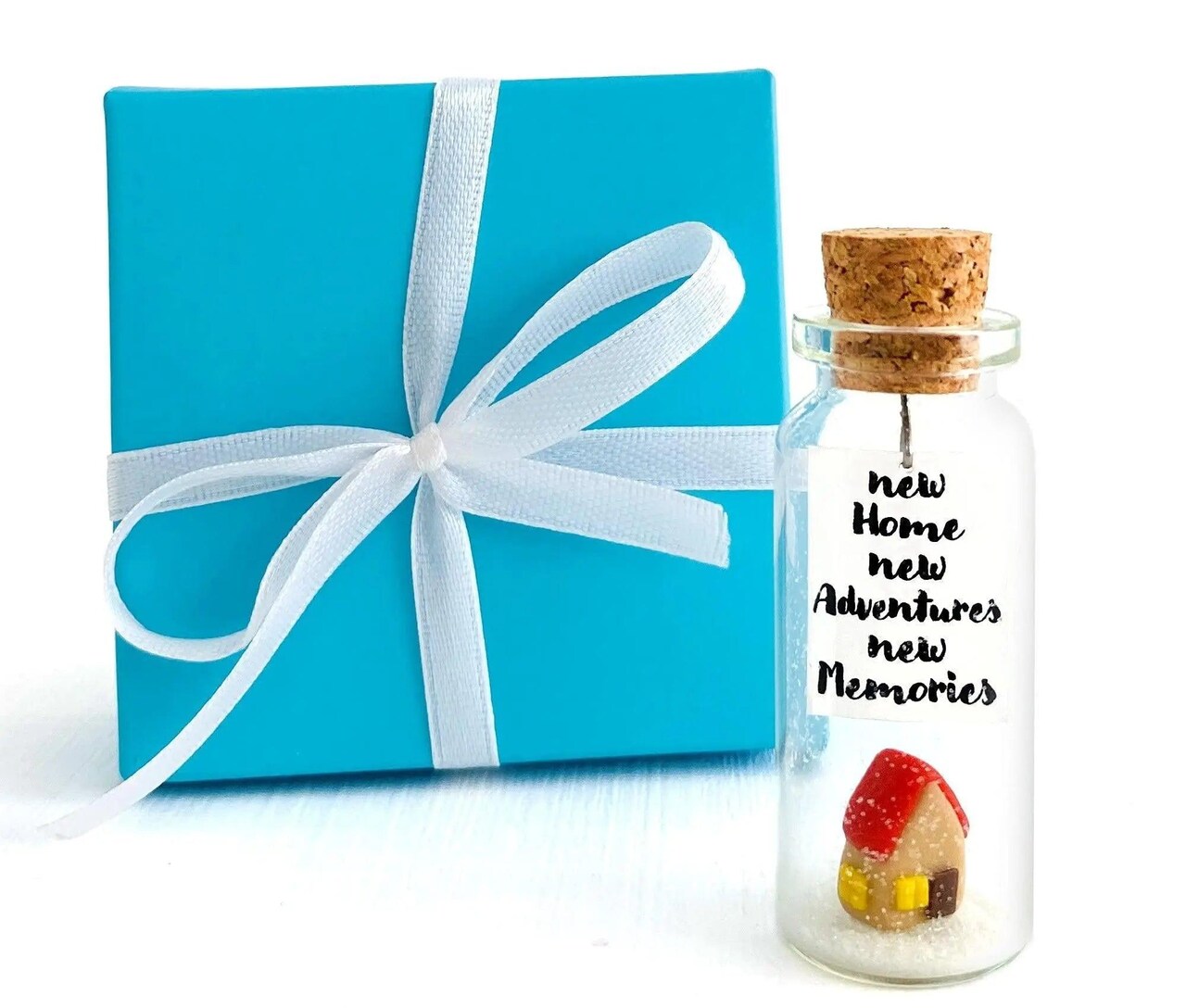 Tiny Magical Message in a Bottle Gift Idea Classy Inspirational Gifts for Him and Her Unique Presents for Women and Men (Colorful House New Home New Adventures New Memories in Teal Gift Box)